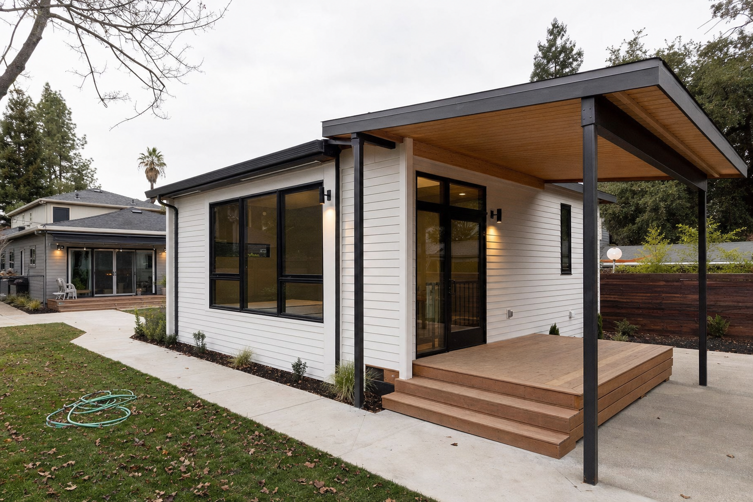 Newly completed modern detached backyard ADU in a Sacramento neighborhood